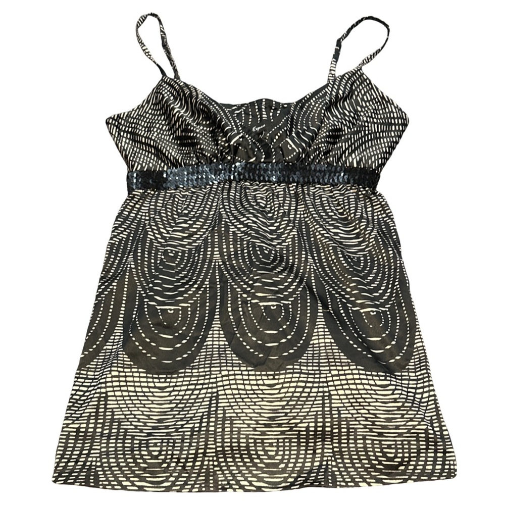 EXPRESS Y2K women's black+beige silky tank w/sequins, size small.